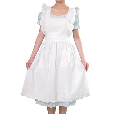 Aoomzoon Aoomzoom Vintage Aprons for Woman with Pockets Cute Lace Ruffle Adjustable Apron for Cooking Kitchen Baking Gardening White