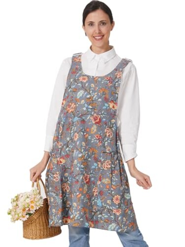 APRONNER Cozy Adjustable Cross Back Aprons for Women with Pockets Cotton Linen Cooking Kitchen Baking Plum Blossom