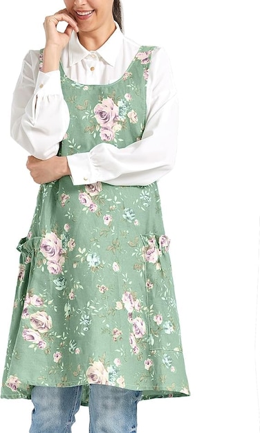APRONNER Cozy Adjustable Cross Back Aprons for Women with Pockets Cotton Linen Cooking Kitchen Baking Rose Flowers