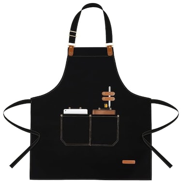 APRONPANDA Chef Apron for Men Women with Pockets Adjustable Neck Strap Heavy Duty Canvas Gardening Apron Water Repellent Apron for Cooking Baking BBQ Working Painting Black