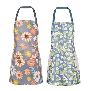 DILLMAN 2 Pack Floral Aprons with Pocket Blooming Womens Aprons Waterproof Adjustable Cooking Aprons for Kitchen Gardening and Salon 2Pack C