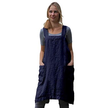 Larmliss Womens Pinafore Square Apron Baking Cooking Gardening Works Cross Back CottonLinen Blend Dress with 2 Pockets