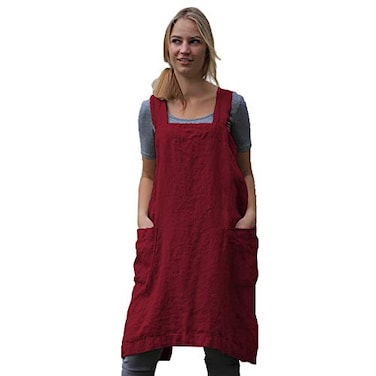 Larmliss Womens Pinafore Square Apron Baking Cooking Gardening Works Cross Back CottonLinen Blend Dress with 2 Pockets