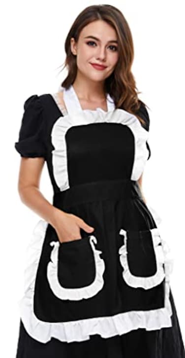 LilMents Womens Ruffles Outline Retro Pockets Apron Kitchen Cooking Cleaning Maid Costume Black