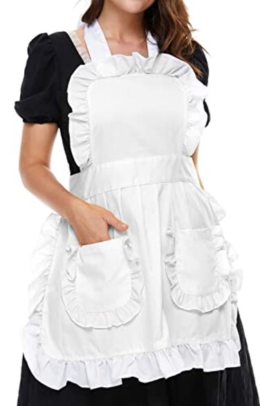 LilMents Womens Ruffles Outline Retro Pockets Apron Kitchen Cooking Cleaning Maid Costume White
