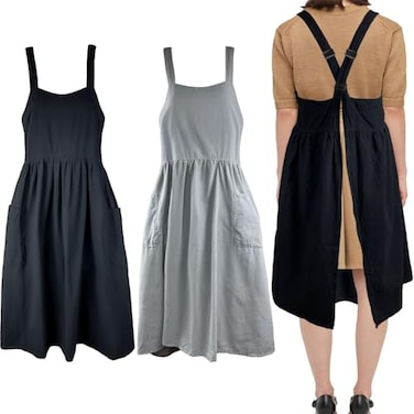 Uaussi Cotton Linen Apron Cross Back Work Apron for Women with Pockets Pinafore Dress X Cross Halter Apron for Baking Chef