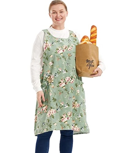 APRONNER Big Plus Size Aprons for Women with Pockets Cotton Linen Baking Kitchen Cooking Rose Flowers