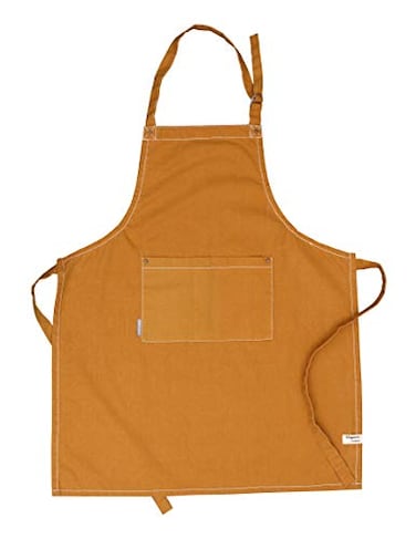 AMOUR INFINI Cotton Solid Aprons for Women with Pocket Adjustable Strap and Waist Ties Washed Chef Aprons for Cooking Baking and Gardening 275 x 33 Inches Yellow