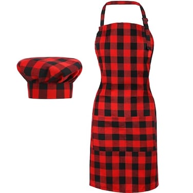 SATINIOR 2 Pcs Chef Costume for Women Men Chef Hat Apron Set for Adult Baker Apron Hat for Cooking CosplayRed BlackPlaid Style