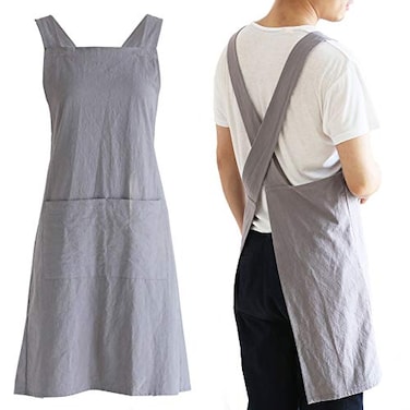 NEWGEM Japanese Linen Cross Back Kitchen Cooking Aprons for Men with Pockets for Baking Painting Gardening Cleaning Gray