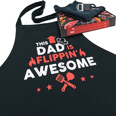 FixGrub Dad BBQ Apron Funny Apron Grill Apron Chef Apron with 3 Pockets Bottle Opener Towel and Gift Box 100 Cotton Ideal Birthday Christmas and Fathers Day Gift for Men