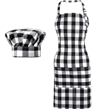 SATINIOR 2 Pcs Chef Costume for Women Men Chef Hat Apron Set for Adult Baker Apron Hat for Cooking CosplayWhite BlackPlaid Style