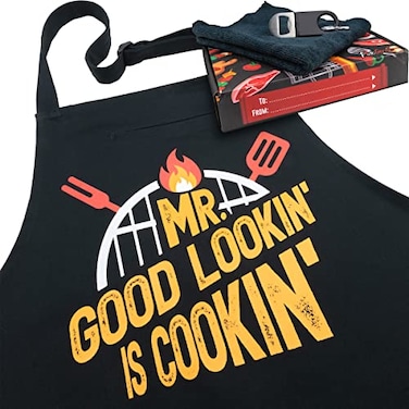 FixGrub Chef Apron for Men Cooking Apron Funny BBQ Apron 3 Pockets Bottle Opener Towel and Gift Box Included Black 100 Cotton Durable Professional Quality