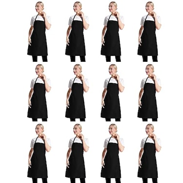 TSD STORY 12 Pcs Bib Bulk Black Aprons for Women Men Adult Girls Unisex with 2 Pockets Baking Cooking Kitchen Painting Apron Black12 pcs