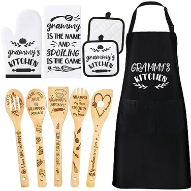 Leyndo 10 Pcs Mothers Day Grammy Kitchen Gifts Set Include Apron Tea Towel Tea Spoon Pot Holder Oven Mitt Bamboo Kitchen Spatula Cooking Baking
