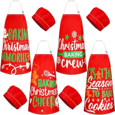Hoolerry 4 Set Christmas Kids Apron and Chef Hat Snowman Deer Elf Santa Apron for Kitchen Baking Cooking Painting WearCute
