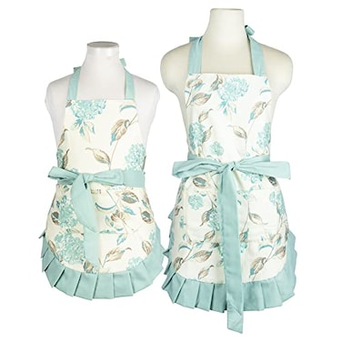 NEOVIVA Cooking Aprons with Pockets for Mama and Me Doublelayered Bib Apron for Cooking Baking BBQ and Gardening Gift Pack for Mothers Day Christmas Style Kathy Floral Hydrangea Clear Aqua