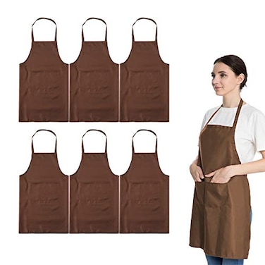 LOYHUANG Total 6PCS Brown Bib Apron Adult with 2 Pockets for Women Men Chef Cooking Kitchen 6 Brown