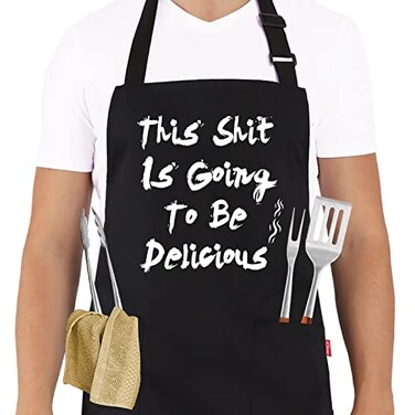 ALIPOBO BBQ Funny Apron for Men Chef Bib Apron with 2 Pockets Adjustable Neck Strap and 40 Long Ties Best for Kitchen Cooking Grilling Baking Gardening Black