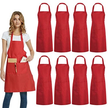 DUSKCOVE 8 Pack Bib Aprons Bulk Unisex Red Commercial Apron with 2 Pockets for Kitchen Crafting BBQ Drawing Cooking