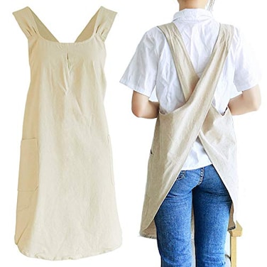 NEWGEM Japanese Linen Cross Back Kitchen Cooking Aprons for Women with Pockets Cute for Baking Painting Gardening Cleaning Khaki