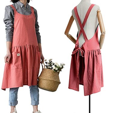 NEWGEM Cotton Linen Cross Back Apron for Women with Pockets for Painting Cleaning Grapefruit Red with Waist Ties