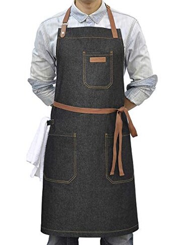 DingSay Trendy Denim Chef Apron with Pockets Mens Womens Professional Kitchen Bib Black Apron for Cooking Grill BBQ Server with Towel Loop and Adjustable Neck Straps