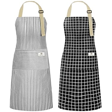 NLUS 2 Pack Kitchen Cooking Aprons Adjustable Bib Waterproof Chef Apron with 2 Pockets for Men WomenGrey StripeBlack Plaid