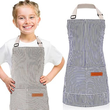Jiuguva 2 Pcs Kids Apron Adjustable Cotton Toddler Cooking Stripe Chef Apron with 2 Pockets for Children BakingBlue Brown