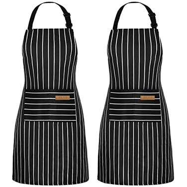 NLUS 2 Pack Cooking Aprons for Women with Pockets Adjustable Kitchen Bib Aprons for Women Men Chef BlackWhite Stripe Classic BlackWhite Stripes