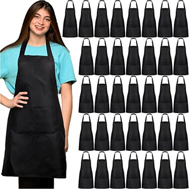 JaGely 36 Pcs Plain Bib Aprons with 2 Pockets Unisex Women Men Apron Washable for Kitchen Cooking Painting Crafting BBQBlack