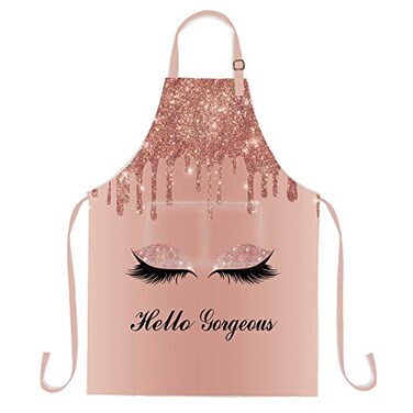 SSCSTS Hello Gorgeous Unicorn Eyelash Apron with 2 Pockets 265x331in Adjustable Size Bib Rose Gold Aprons for Men Women Kitchen Cooking Baking Gardening WQLSSS18