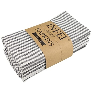 INFEI Plain Striped Cotton Linen Blended Dinner Cloth Napkins Set of 12 17 x 17 inches for Events Home Use Black