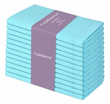 PurpleEssences Set of 12 Hemstitch Cloth Dinner Napkins 100 Cotton Soft Durable Washable Ideal for Wedding Spring Easter Summer Perfect Everyday Use Table Linen 18x18 Aqua Blue