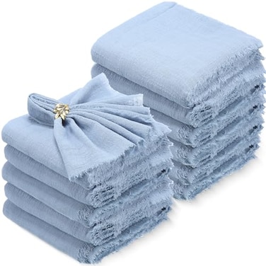 Buryeah 48 Pcs Cotton Linen Cloth Napkins with Fringe 165 x 165 Inch Square Rustic Dinner Linen Napkins Bulk for Wedding Party Banquet DinnerDusty Blue