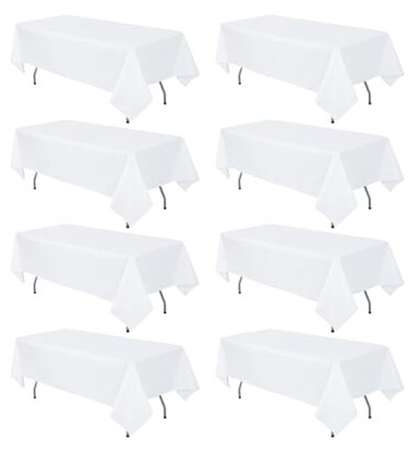 RestfulGlow 8 Pack White Tablecloth 60 x 126 Inch Rectangular Table Cloth for 8 Foot Rectangle Tables Wrinkle Resistant Washable Fabric Polyester Table Covers for Wedding Party Banquet Buffet