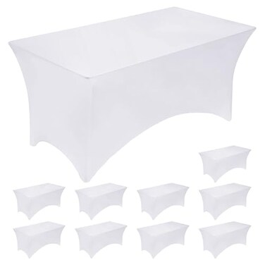 Fixwal 10 Pack 6Ft White Table Cover Spandex Fitted Tablecloths Rectangle WrinkleFree and Stretch Folding Table Cloth for Banquet Wedding Party Trade Show