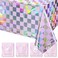 FunnyPars 3Pack Iridescent Checkered and Purple Plastic Tablecloths Shiny Disposable Laser Rectangle Table Covers Foil Tablecloth Iridescent Party Decorations Birthday Bridal Baby Shower 54x108Inch