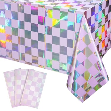 FunnyPars 3Pack Iridescent Checkered and Purple Plastic Tablecloths Shiny Disposable Laser Rectangle Table Covers Foil Tablecloth Iridescent Party Decorations Birthday Bridal Baby Shower 54x108Inch