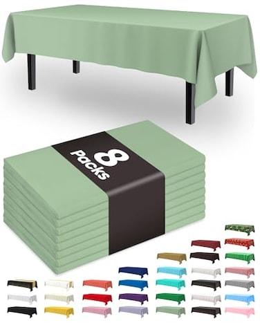 Pureegg Plastic Table Cloth Disposable 8 Pack 54 x 108 Inch Table Cloths Easter Party Decorative Tablecloths Rectangle Light Pastel Plastic Cover Leakproof Sturdy Sage Green