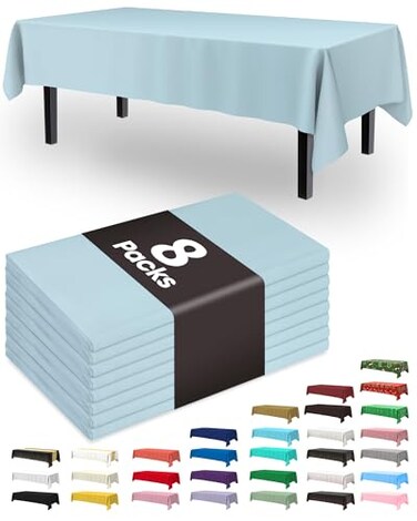 Pureegg Plastic Table Cloth Disposable 8 Pack 54 x 108 Inch Table Cloths Easter Party Picnic Wedding Decorative Tablecloths Rectangle Baby Blue Plastic Cover Leakproof Sturdy Light Blue