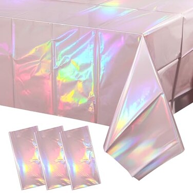 Pascliyna 3 Pack Iridescent Light Pink Tablecloth for Parties Pastel Pink Holographic Plastic Table Cover Disposable Laser Baby Pink Table Cloth for Birthday Wedding Baby Shower Party Decorations 54x1