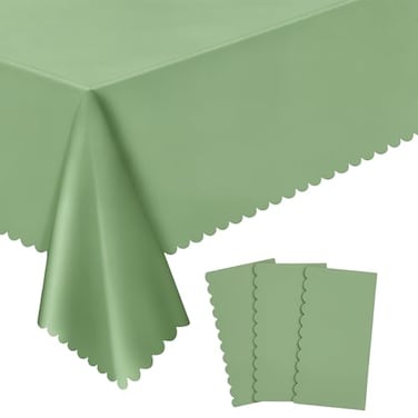 NatNarr 3 Pack Plastic Sage Green Tablecloth 54 X 108Inch Scalloped Table Cover Disposable Sage Green Tables Cloth for Rectangle Tables Waterproof Table Cover for Baby Shower Bridal Tea Party Wedding