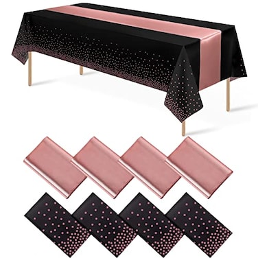 MASHAN 8Pack Disposable Plastic Tablecloths and Satin Table Runner Set Black and Rose Gold Dot Tablecloth Gold Satin Table Runner for Wedding Birthday Baby Shower Anniversary Christmas New Year Party