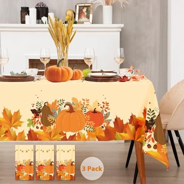 Alitake 3Pack Thanksgiving Tablecloth Fall Tablecloths Thanksgiving Tablecloth Disposable Plastic Thanksgiving Table Cloth Pumpkin Leaves Print Table Covers for Thanksgiving Yellow