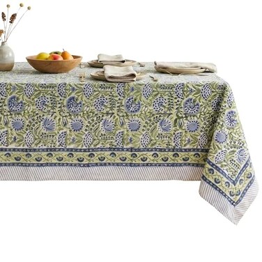 ATOSII Amara Green 100 Cotton Rectangle Fall Tablecloth Handblock Floral Print Linen Table Cloth for Kitchen Dining I Parties Weddings Outdoors Easter I Home Decor 60 X 90 Inches I 6 Seater