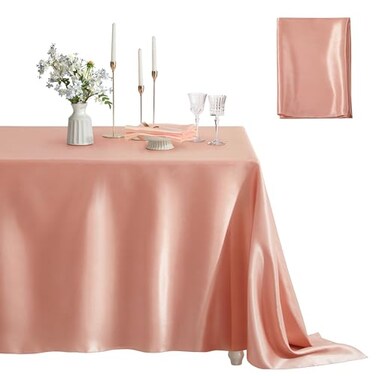 Counfeisly 1 Pack Satin Table Cover Rectangle Silkly Soft Table Cloth Satin Dining Table Cloths for Wedding Banquet Table Decoration Dining Room Indoor and Outdoor Use 60 x 120 Inches Rose Gold