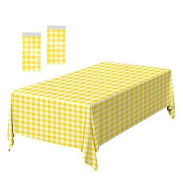 FALIZIFU 2 Pack Yellow Gingham Tablecloth 54 108 Inch Yellow and White Checkered Table Cloth Plastic Rectangle Table Cover for Picnic Birthday Baby Shower Party Gingham Tablecloth Diaposable