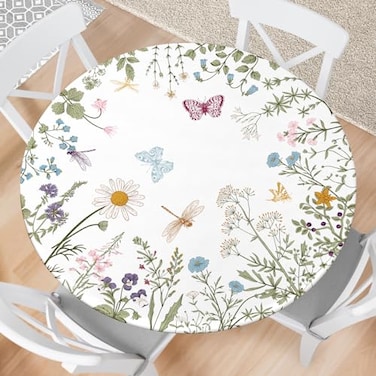 Fecvdlis Spring Summer Flower Round Fitted Tablecloth with Elastic Edge Wipeable Table Cloth Waterproof Reusable Outdoor Table Cover for Kitchen Picnic Patry Indoor Fits 4448 Diameter Round Tables