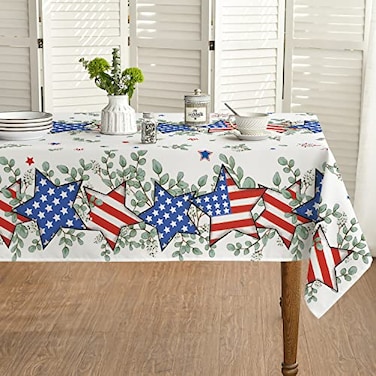 Horaldaily 4th of July Tablecloth 60x120 Inch Patriotic Eucalyptus Star Independence Day Memorial Day Table Cover for Party Picnic Dinner Decor